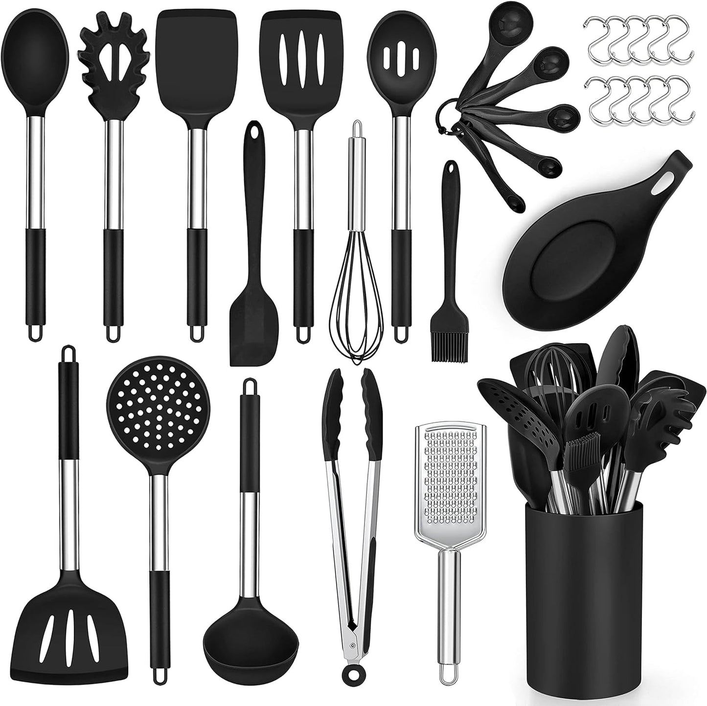 30-Piece Cooking Utensils Set with Holder, Silicone Kitchen Utensils Set with Stainless Steel Handle, Heat Resistant Cooking Gadget Tools for Nonstick Cookware, Dishwasher Safe, Black