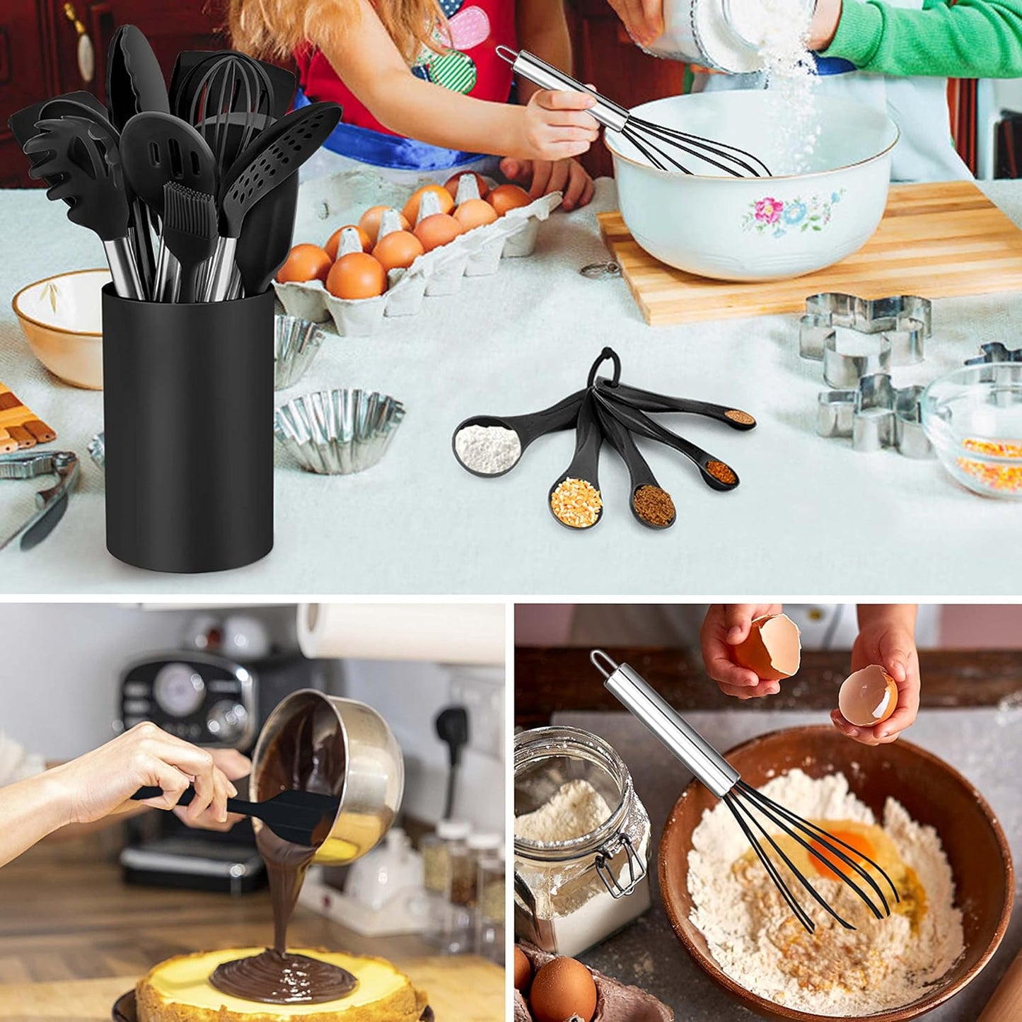 30-Piece Cooking Utensils Set with Holder, Silicone Kitchen Utensils Set with Stainless Steel Handle, Heat Resistant Cooking Gadget Tools for Nonstick Cookware, Dishwasher Safe, Black