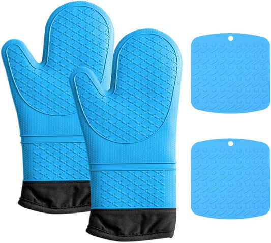 Silicone Oven Mitts and Potholders, Extra Long Heat Resistant Kitchen Cooking Oven Gloves, Soft Cotton Lining and Non-Slip Surface Oven Mitts(Blue, 4 Piece Set)