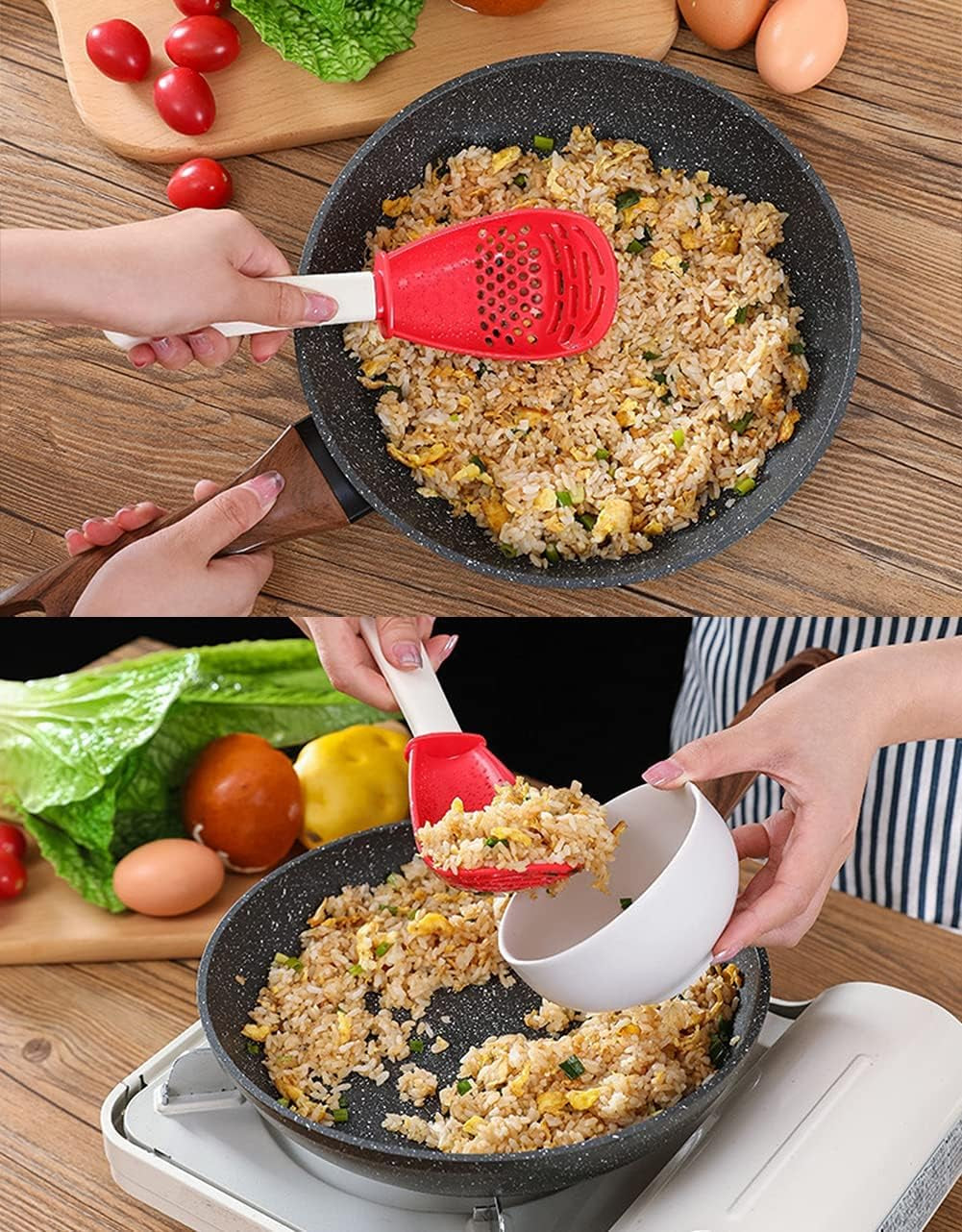 2 Pack Multifunctional Cooking Spoon,Skimmer Spoon,Strainer Scoop,Non-Toxic and High Temperature Resistant,Used for Cooking,Filtering,Mashing,Grinding(Red and Black)