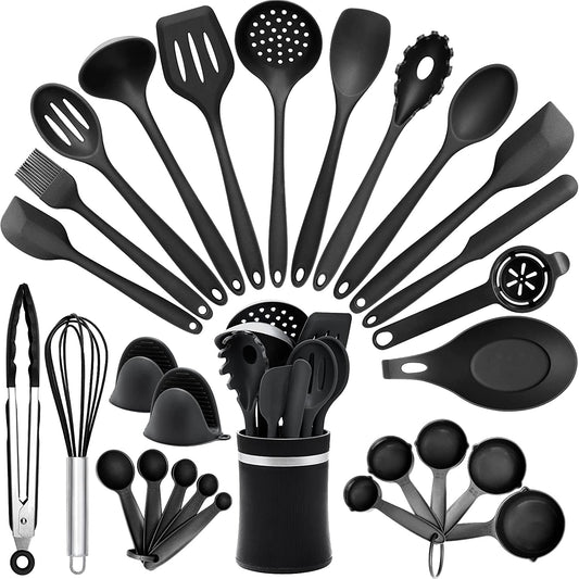 Silicone Cooking Utensils Set, 28PCS Kitchen Utensils Set with Holder,  Heat-Resistant & Non-Stick Silicone Spatula, Tongs,Spoon for Cooking, BPA Free Kitchen Tools Gift (Black)